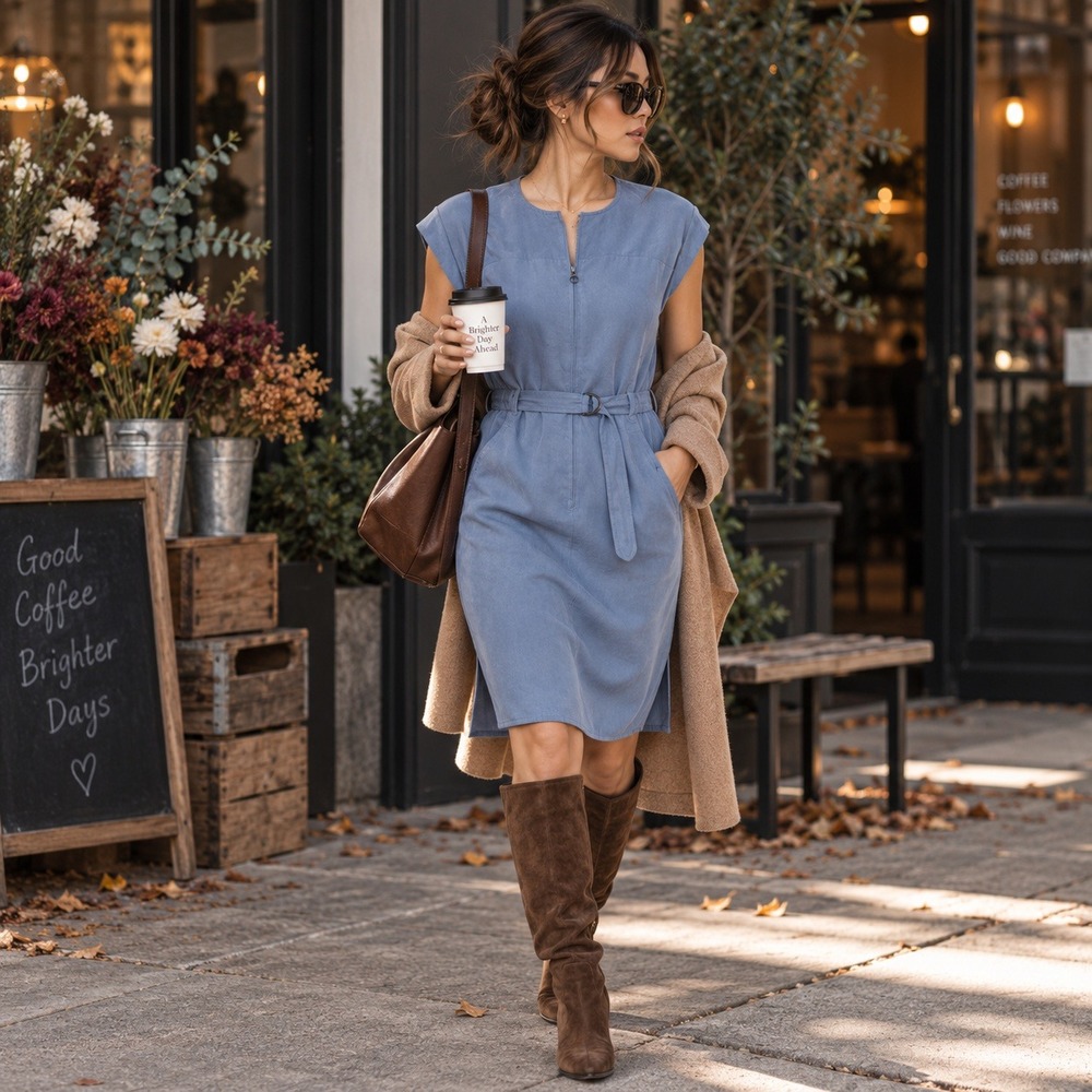 Akris Punto Blue Lyocell Zip Front Cap Sleeve Drawstring Sheath Dress US 14